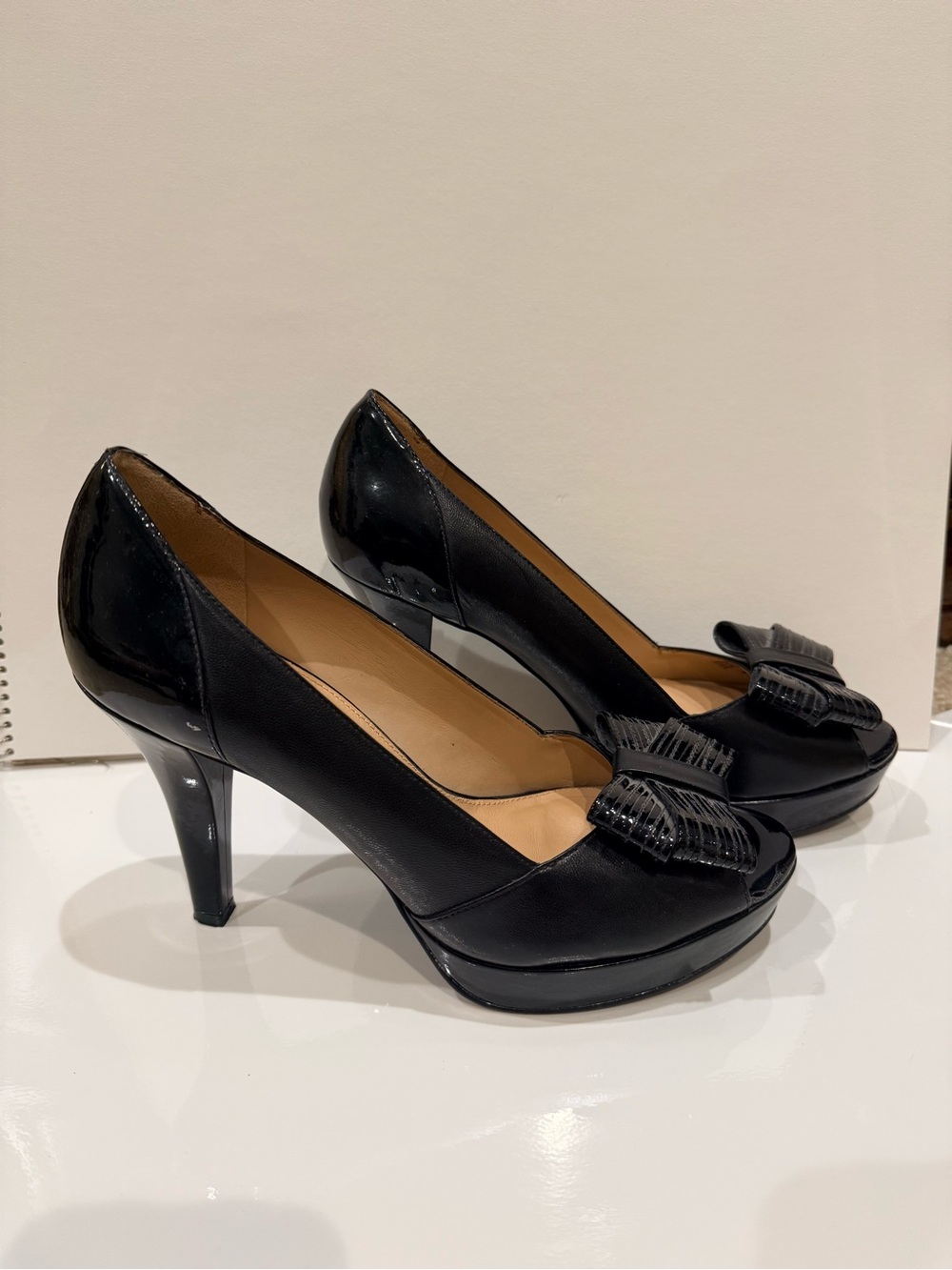 ANTONIO MELANI Black Patent & Leather Peep-Toe Heels with Bow Accent